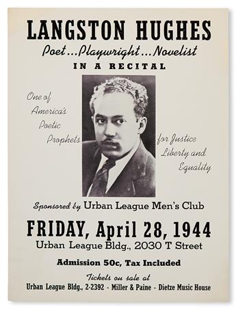 (LITERATURE AND POETRY.) HUGHES, LANGSTON. Langston Hughes, Poet, Playwright, Novelist, in a Recital . . . Sponsored by Urban League Ma